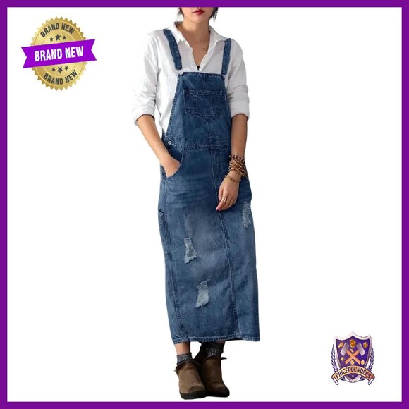 Denim - Adjustable Strap Distressed Denim Overall Dress A-Line Pinafore